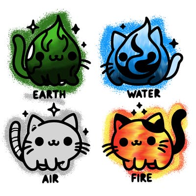 4 cats that represent the different elements, earth, water, air, and fire