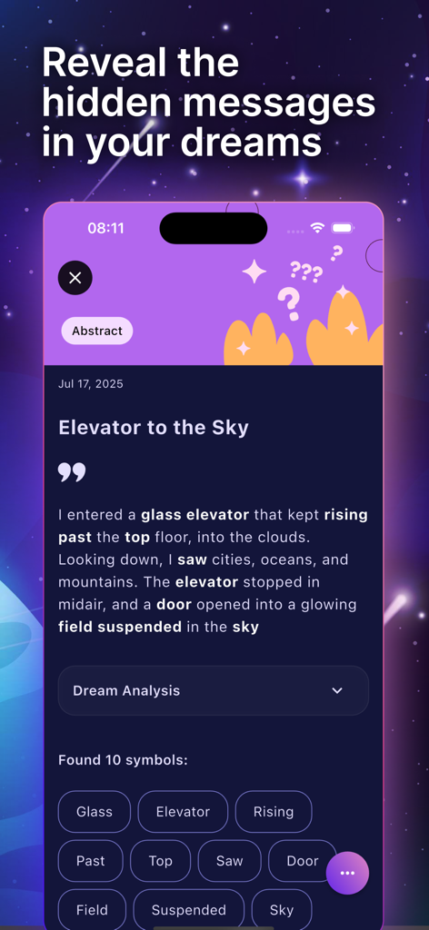 Dream Dictionary-Dream Reading - A mobile interface of the Dream Dictionary app displaying a dream titled Elevator to the Sky with highlighted interpretation symbols like glass and rising