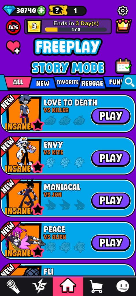 Beat Stage - Battle Duel - Pantalla de selección de canciones en Beat Stage Battle Duel mostrando pistas de dificultad insana