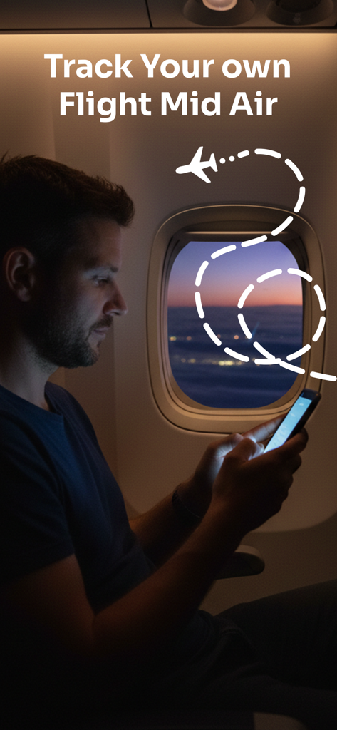 Sky Trace - Track Your Flight - A passenger using an iPhone to track their flight in real time while sitting in an airplane window seat