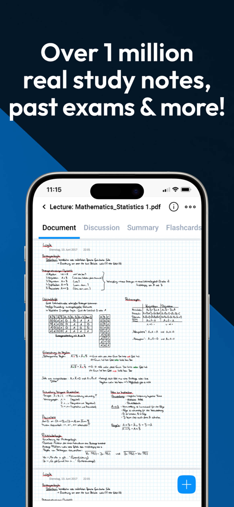 Studydrive: Study & Flashcards - Interfaccia dell'app Studydrive che mostra appunti di studio di matematica e statistica su uno schermo di smartphone.