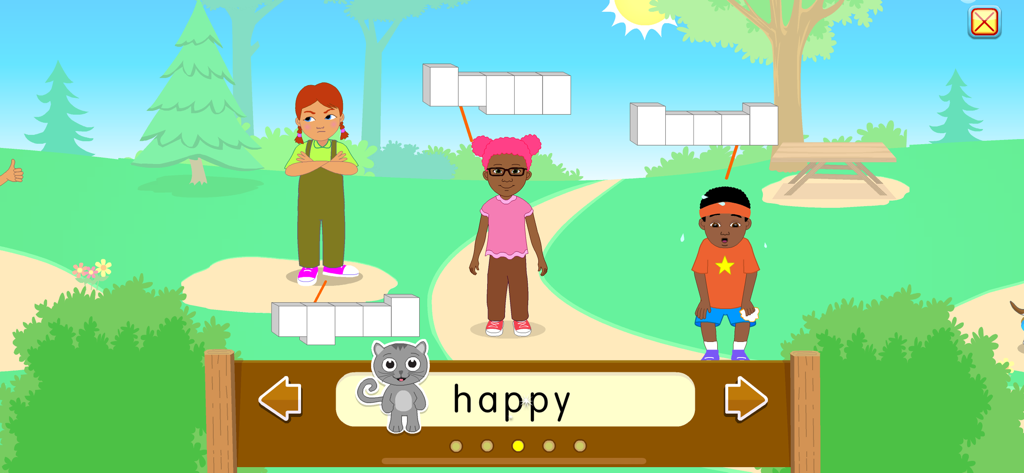 A spelling activity in the Starfall All About Me app where children identify and label different feelings and emotions