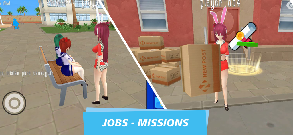 Anime Island Multiplayer: WS - Personajes de anime sentados en un banco y otro personaje llevando una caja de reparto para una misión