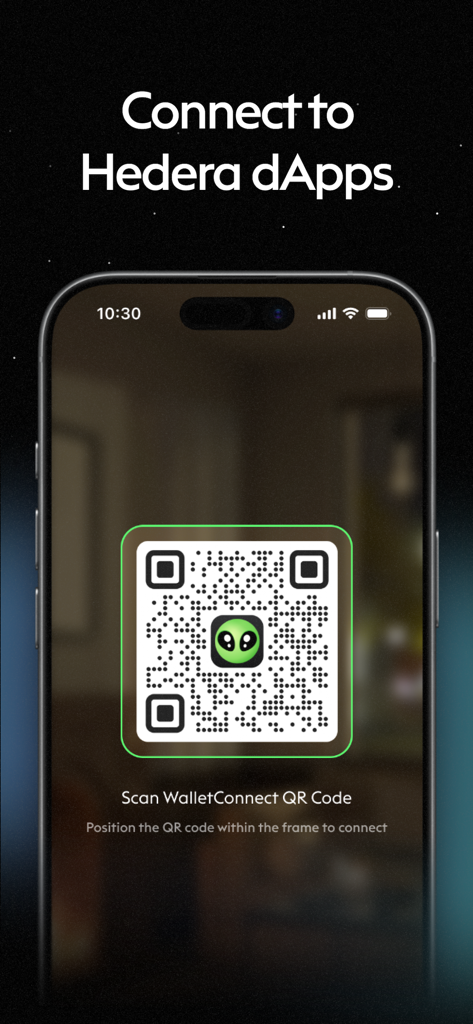 SaucerSwap: Hedera Wallet - A mobile app screen for SaucerSwap Hedera Wallet showing a WalletConnect QR code scanner for connecting to dApps