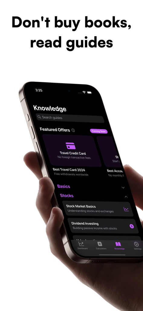 Smartphone screen displaying the Knowledge section of the Investr app with investment guides for stocks and dividend investing