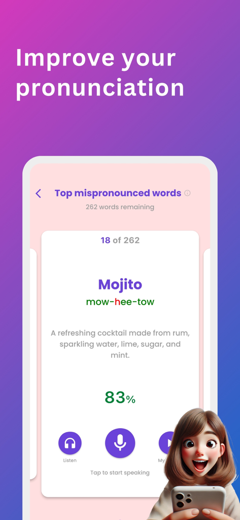 Lingopanda: Language Learning - Lingopandaアプリの画面。モヒートという単語のAI発音トレーニングが表示されています