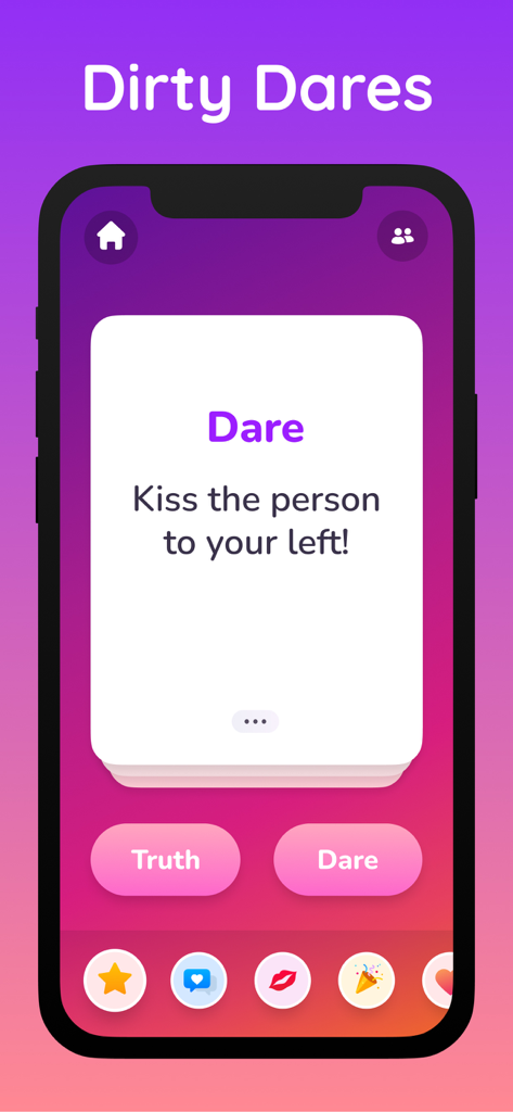 Truth or Dare Extreme app screen displaying a dirty dare challenge to kiss the person to your left