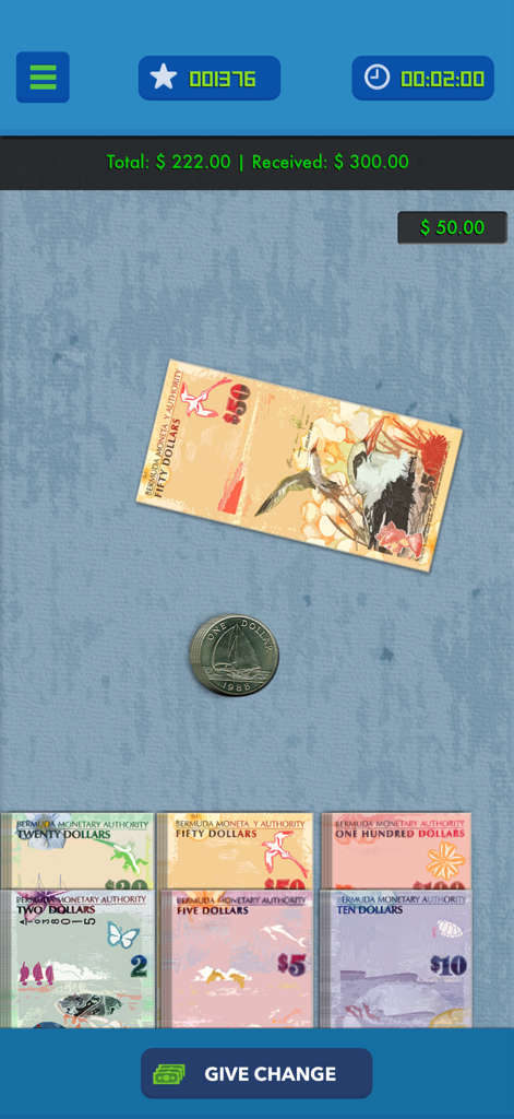 Take Your Money - Una interfaz de juego móvil que muestra billetes y monedas del dólar de Bermudas utilizados para practicar cómo dar el cambio.