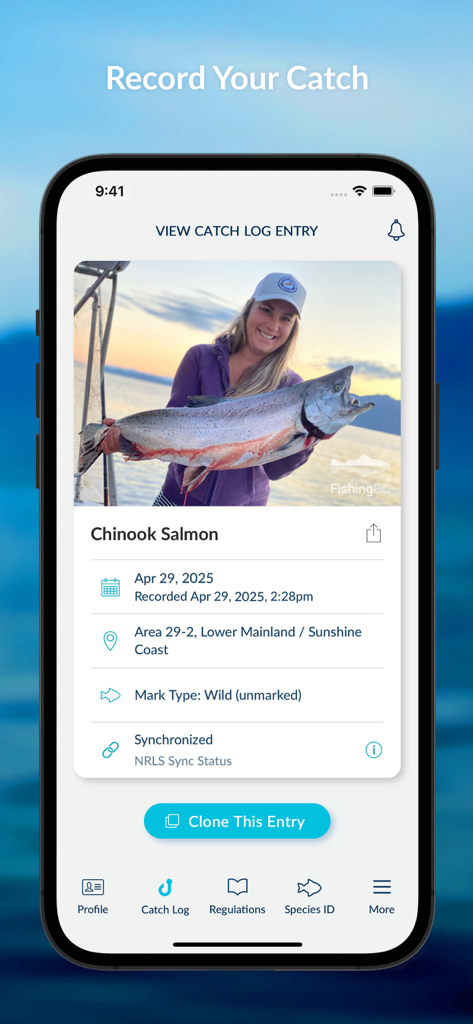 FishingBC - A catch log entry in the FishingBC app showing a photo of a woman holding a large Chinook Salmon with date and location details.