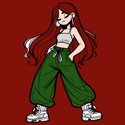 girl in baggy pants crop top and long hair