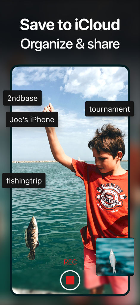 Video Buffer Action Camera - A young boy holding a fish on a fishing trip illustrating how to save and organize videos to iCloud