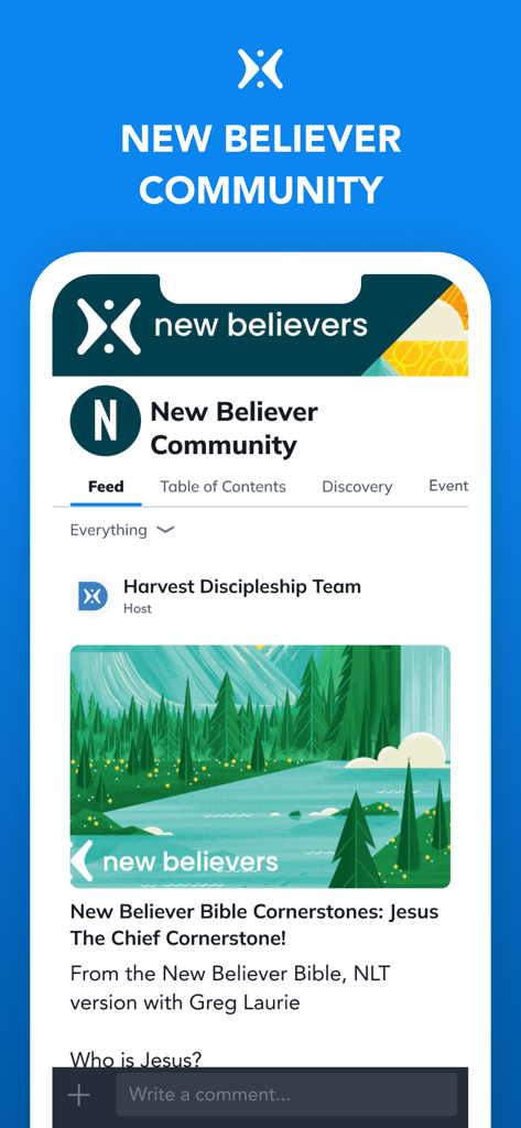 Harvest Discipleship - Harvest Discipleship app interface showing the new believer community feed and bible study resources.