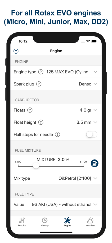 Pantalla de configuración del motor en la aplicación Jetting Rotax Max EVO Kart que muestra los ajustes del carburador y la mezcla de combustible.