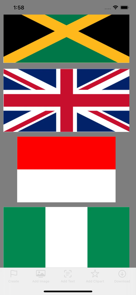 Mobile app screen showing a scrollable list of country flags including Jamaica United Kingdom and Nigeria to use as templates for custom flag design.