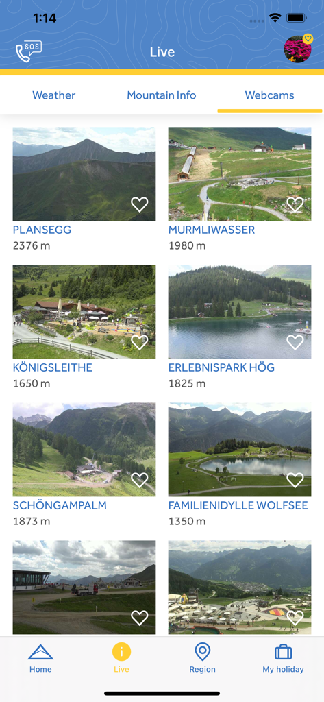 Interface de l'application Serfaus-Fiss-Ladis affichant en direct les vues des webcams de montagne et les altitudes.