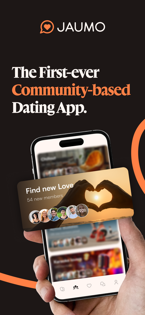 Jaumo Dating App: Flirt & Chat - Una mano sosteniendo un smartphone mostrando la app de citas Jaumo con un enfoque basado en la comunidad.