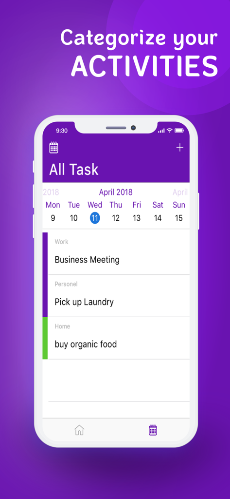 Task Manager: Daily To-Do - 仕事と個人のToDoリストに色分けされたカテゴリを示す、デイリータスクマネージャーアプリのインターフェース