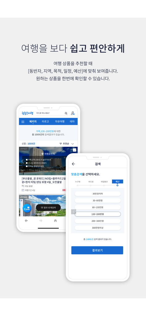 予算と好みのフィルターを備えた참좋은여행アプリの検索およびおすすめインターフェースを表示する2台の携帯電話。