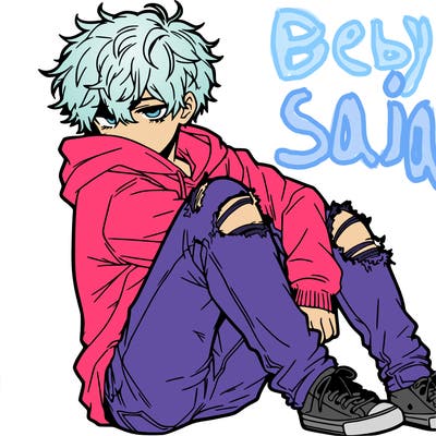 a male hoddie ripped jeans messy hair anime