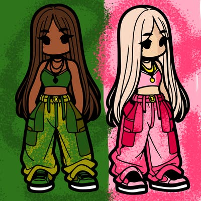 girl in baggy pants crop top and long hair