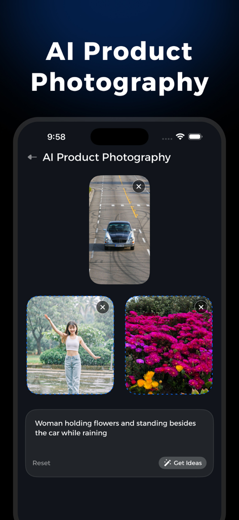 AI Background Generator - BGFX - Tela do smartphone exibindo o recurso de Fotografia de Produto com IA do aplicativo BGFX para criar visuais de e-commerce