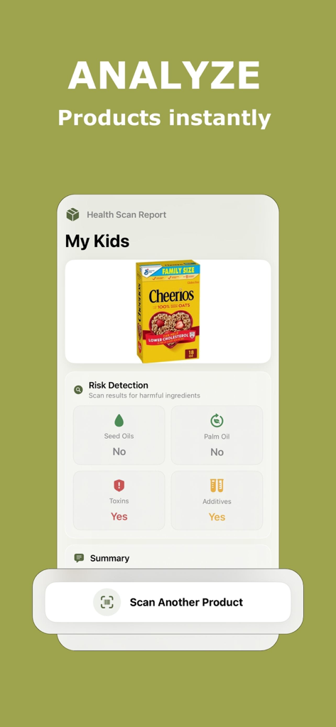 Olive Food Scanner mobile app interface showing a health risk report for a cereal box with toxin and additive warnings