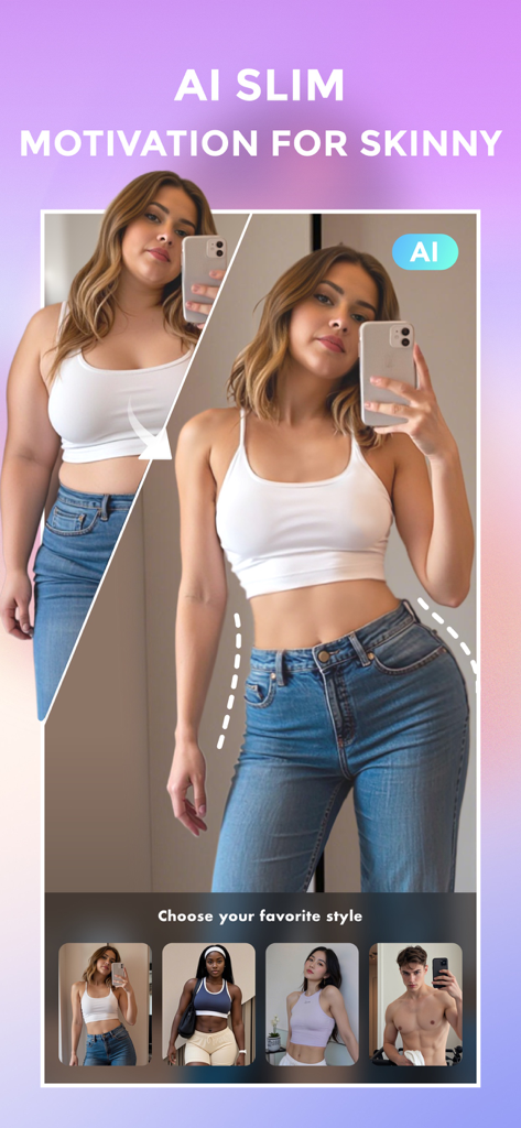 FilterRoom - Face Editor - Before and after comparison of the AI Slim feature in FilterRoom showing a woman with a slimmed waistline and body reshaping effects.