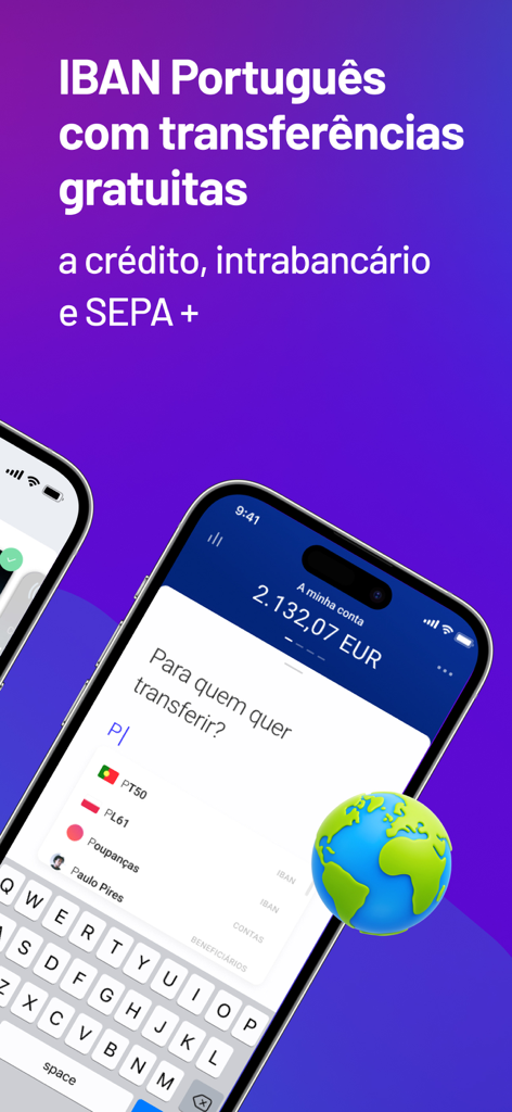 Best Bank - Tela do aplicativo móvel Best Bank mostrando transferências IBAN portuguesas gratuitas e opções de pagamento globais