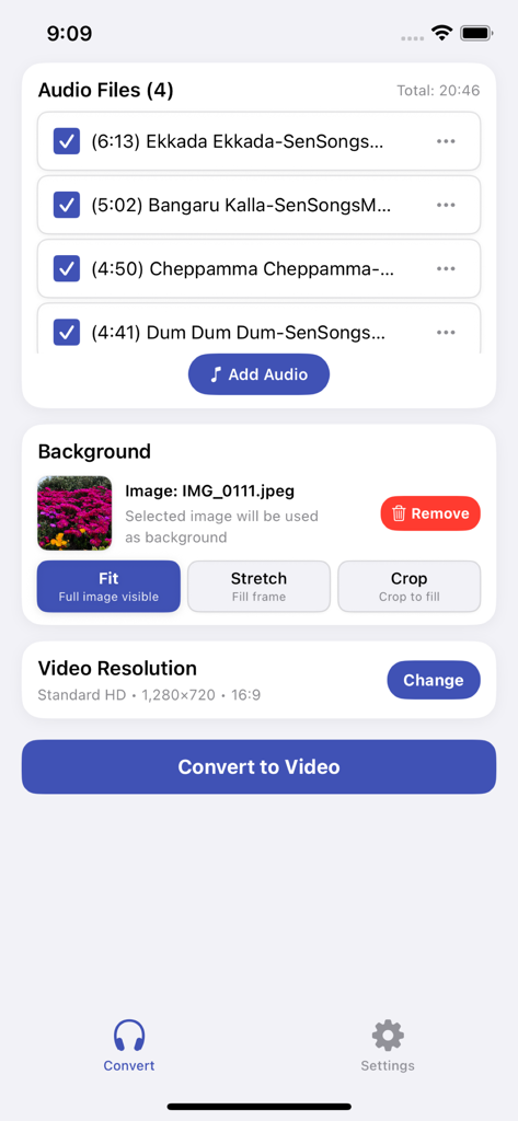 Interface de l'application Convertisseur Audio en Vidéo Facile montrant la sélection du fichier audio et les paramètres de l'image d'arrière-plan