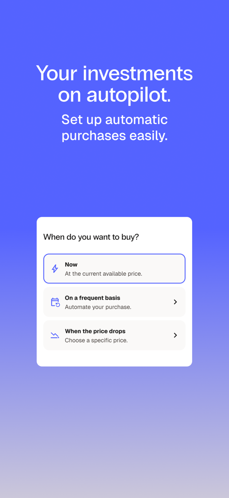 Pantalla de la aplicación Bitso que muestra opciones para compras automáticas de criptomonedas, incluyendo compras recurrentes y activadores de caída de precio