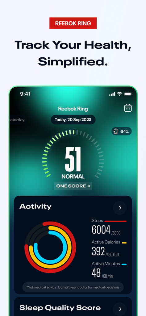 Panel de Reebok Fitness App que muestra anillos de actividad para pasos, calorías y minutos activos con puntuaciones de salud