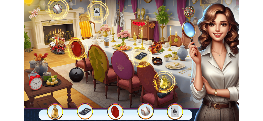 Hidden Objects Seek And Find - A hidden object game screenshot showing a dining room scene with a detective character holding a magnifying glass.