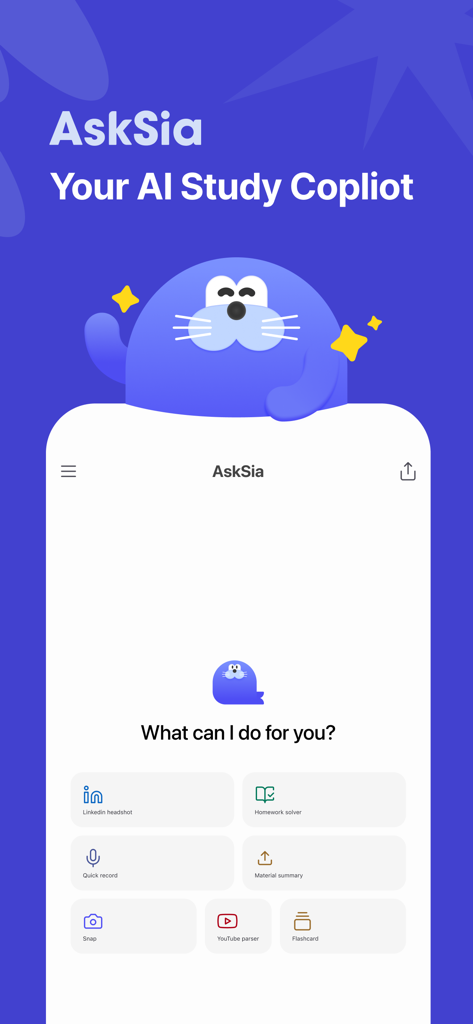 AskSia - Interfaz de la aplicación móvil AskSia AI study copilot mostrando herramientas para resolver deberes, resúmenes de material y tarjetas de memoria.