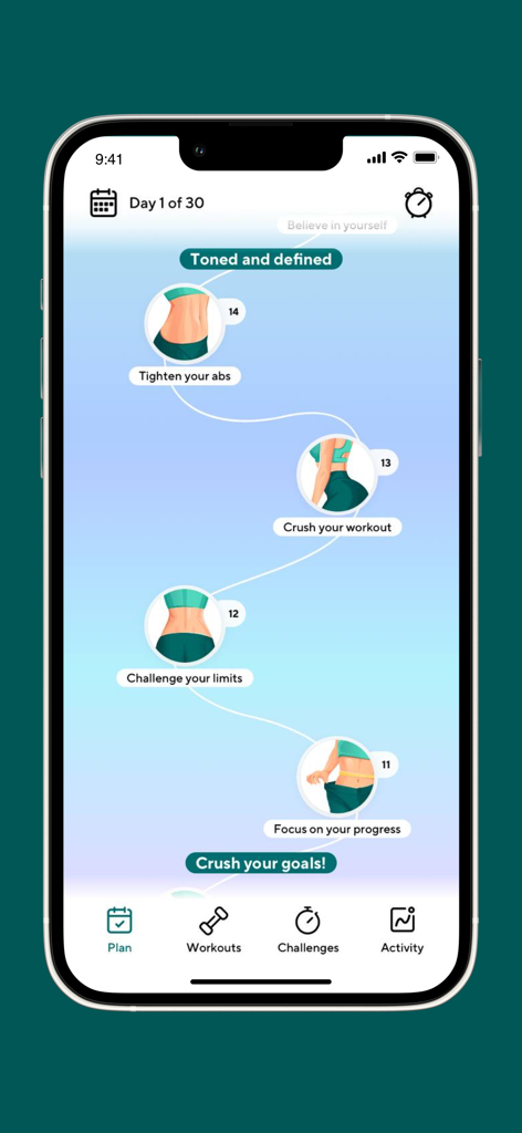 Captura de pantalla de la aplicación Fit and Flat que muestra una hoja de ruta personalizada de ejercicios abdominales de 30 días