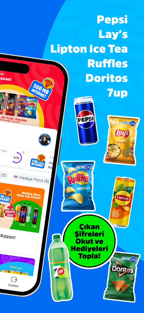 KazandıRio mobile app interface displaying PepsiCo snacks and beverages with rewards like mobile data and discounts.