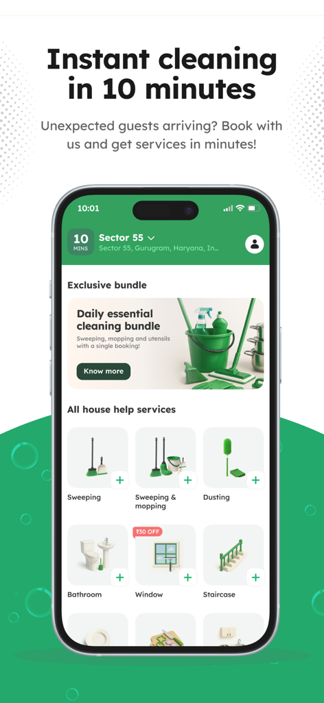 Pronto: House Help in 10 Mins - Pronto app home screen with instant cleaning service options