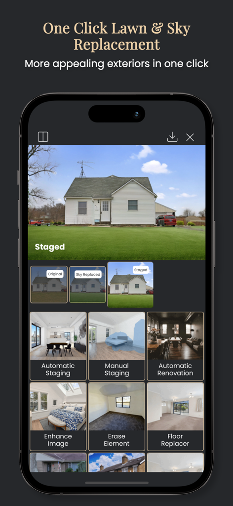 Smartphone app interface for AI lawn and sky replacement in real estate photos