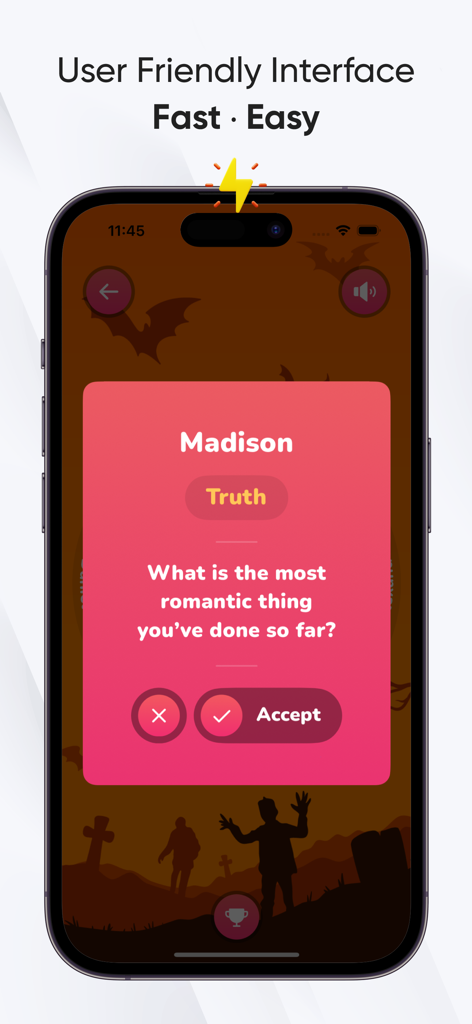 Spin the Bottle・Truth or Dare? - A truth question screen in the Spin the Bottle mobile app featuring a romantic prompt for a player named Madison.