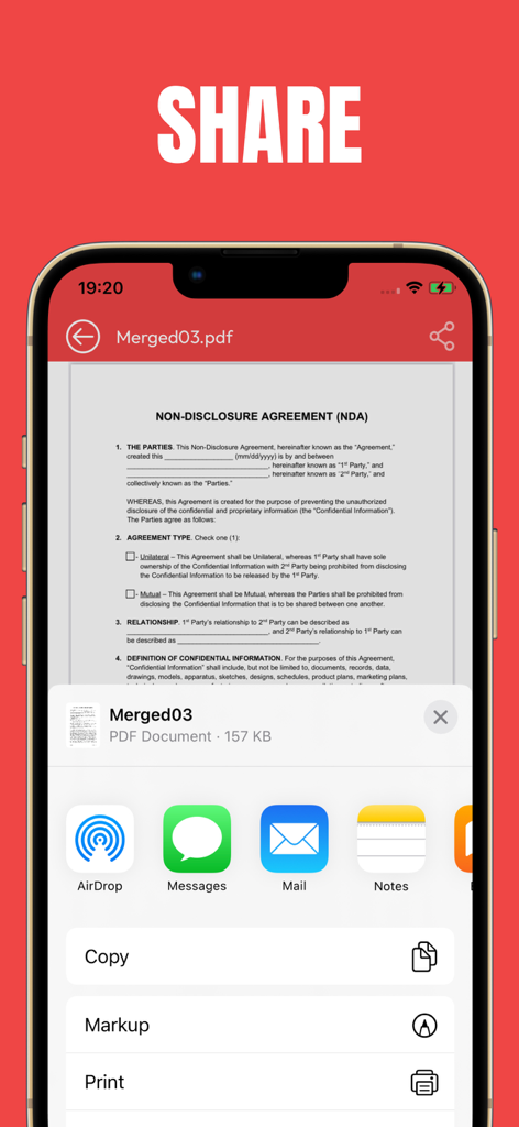 Smartphone-Bildschirm, der ein Freigabemenü für PDF-Dokumente mit Optionen für AirDrop und Mail anzeigt