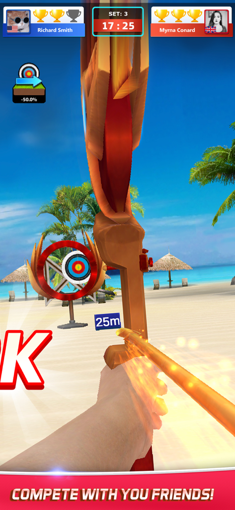 Archery Elite™ - Shooting King - トロピカルビーチでの1v1アーチェリーマッチを一人称視点で捉えた画像。