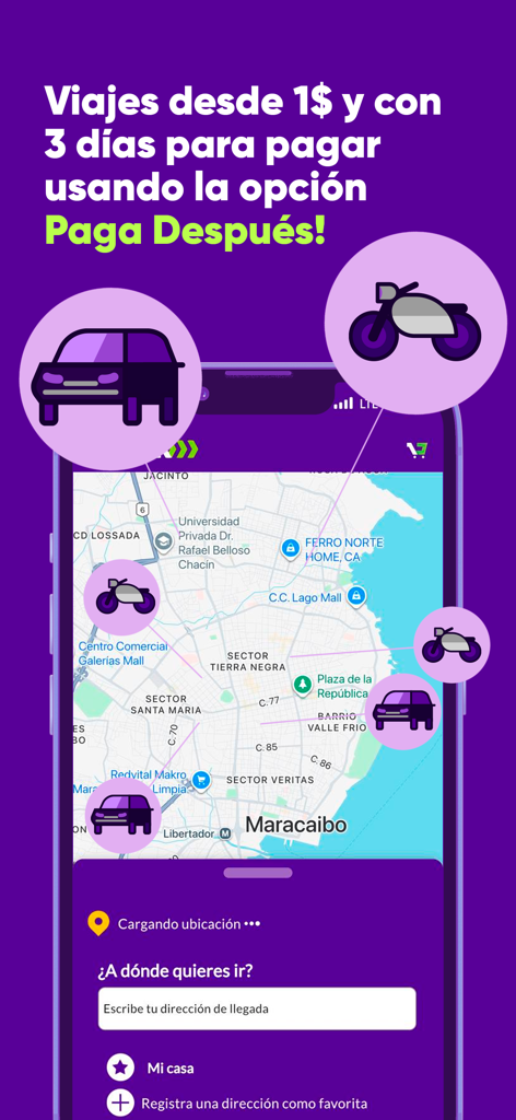 QUIK: Pago y Delivery - Mapa de la aplicación QUIK mostrando opciones de transporte de pasajeros para autos y motos con una función de pago posterior en Maracaibo