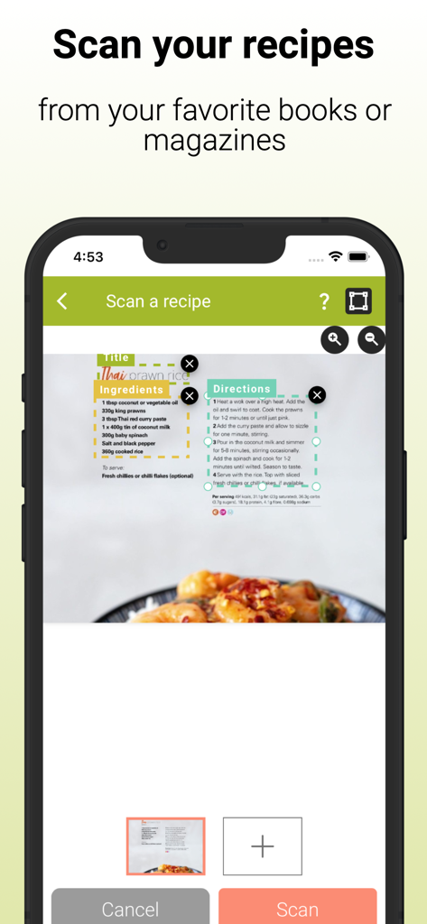 Cookmate - My Recipe Organizer - Interface of the Cookmate app showing the feature to scan a recipe from a physical book with sections for ingredients and directions highlighted