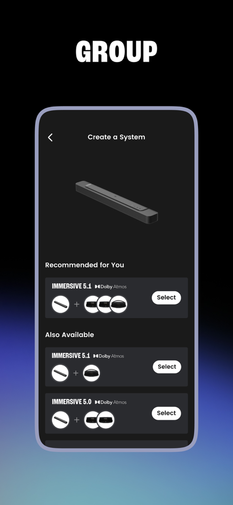 JBL One app interface for grouping speakers and soundbars into an immersive Dolby Atmos audio system.