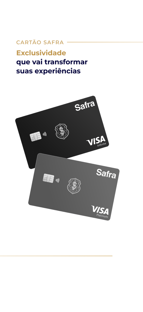 Safra: investimentos e conta - Safra Bank Visa Infinite and Visa Platinum credit cards representing exclusive banking services.