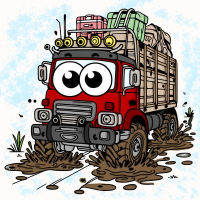 truck car with the eyes instead lights going through mud on road trip in the field with stuff strapped on the roof