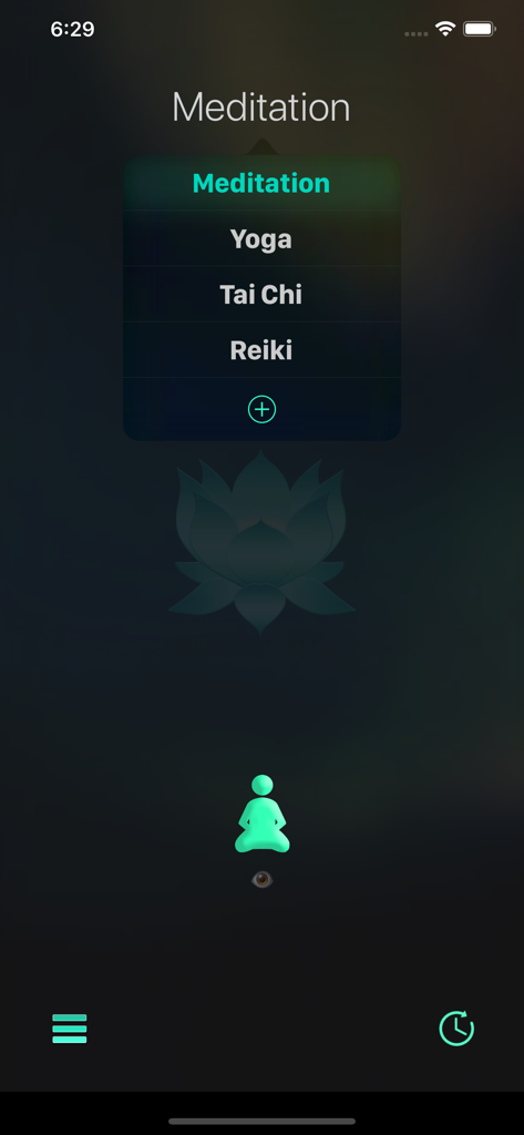 MeditatorMate - MeditatorMate app screen showing a dropdown menu to select between Meditation, Yoga, Tai Chi, and Reiki practices with a lotus flower background.