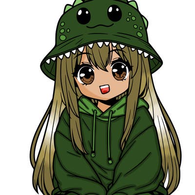 girl with anime shaped eyes with a dinosaur bucket hat oversized sweatshirt long straight hair