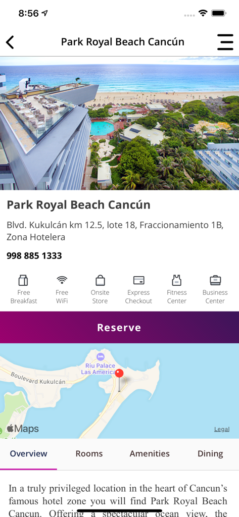 Park Royal Hotels & Resorts - App screen displaying details for Park Royal Beach Cancun resort including amenities map and reserve button