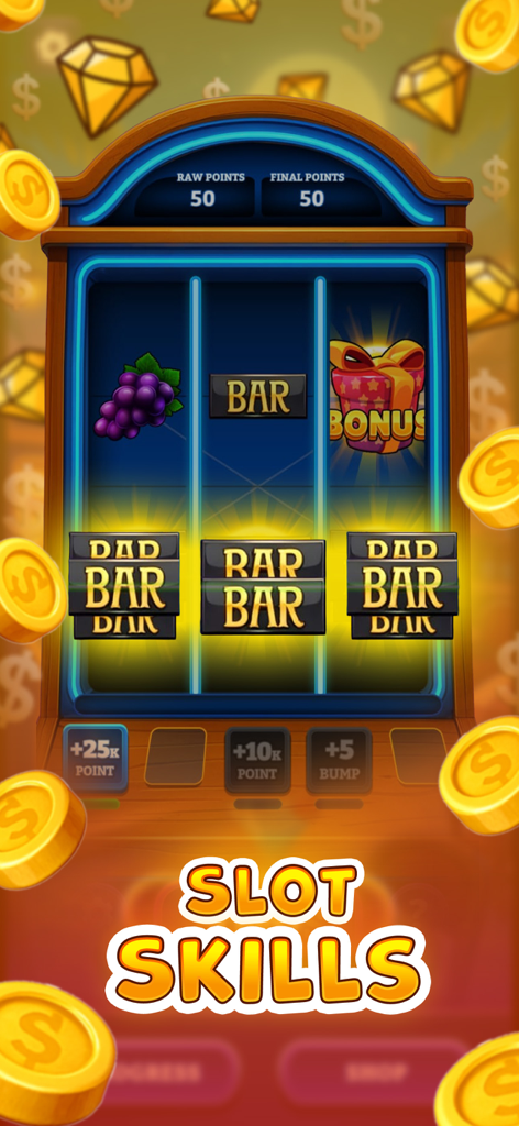 Slots Mania: Skill Slot Games - A screenshot of Slots Mania showing a skill-based slot machine with reels points and gold coins.