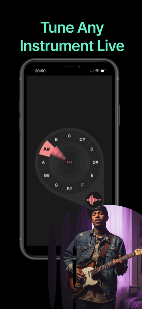 Pitch: Vocal Pitch Monitor - Pitch Vocal Pitch Monitor app showing live instrument tuning with a visual pitch wheel.